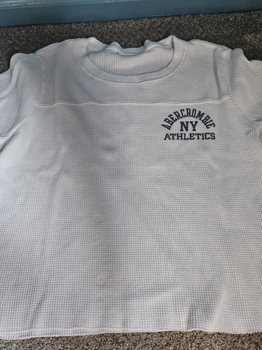 Abercrombie & Fitch White Waffle Thermal Crewneck with Navy Logo
